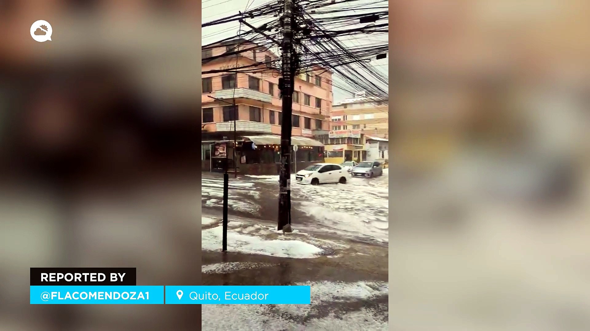 A heavy hailstorm blankets the streets of Quito, Ecuador, in white