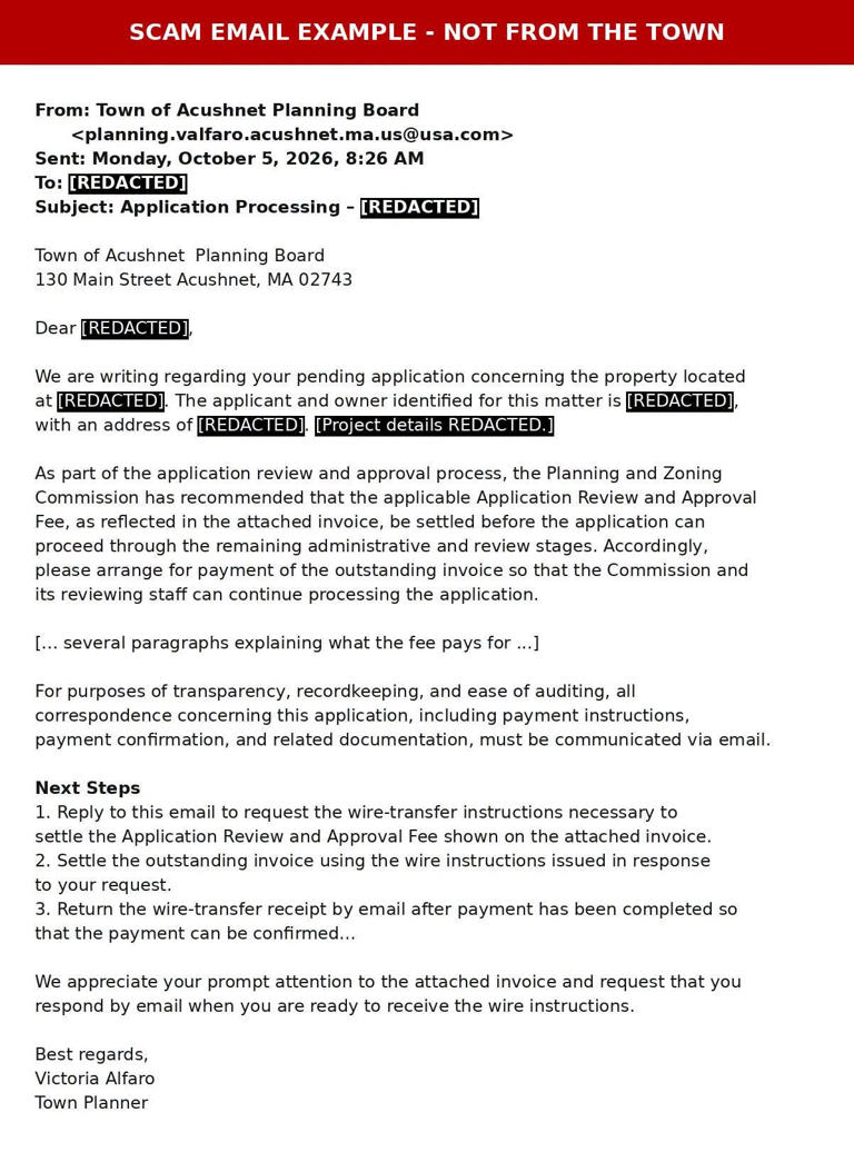 Acushnet warns residents of scam emails with fake permit invoices