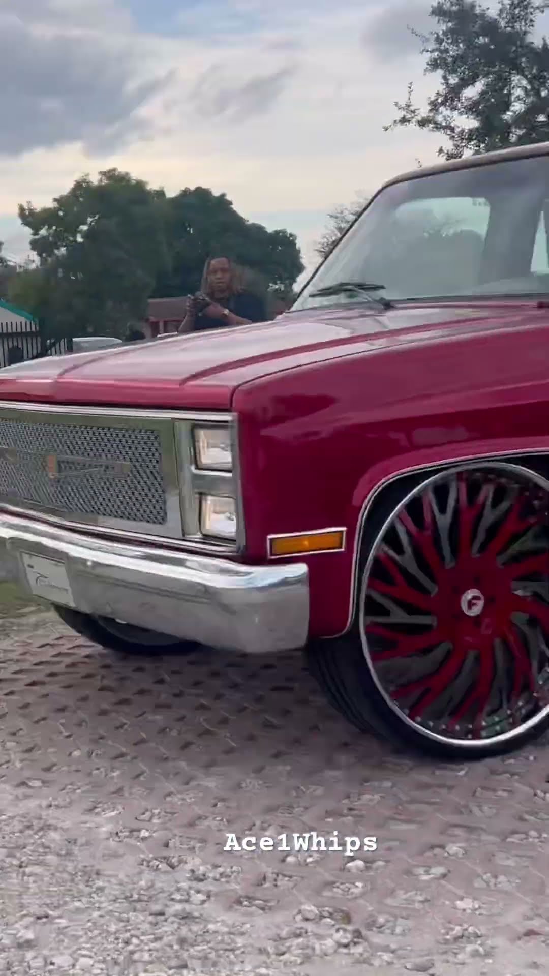Shawna in her box Chevy on 28’s and Sugaman in his shortbed truck pullin up