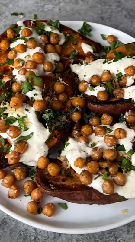 Ricotta parmesan sweet potatoes with garlic chickpeas