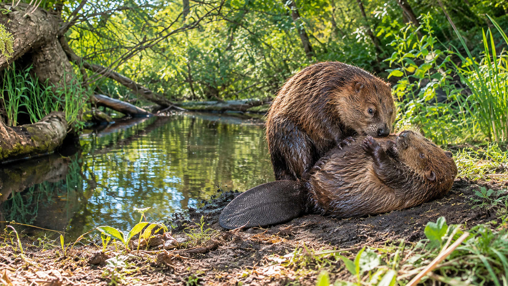 What was happening between these two beavers beside the quiet stream?