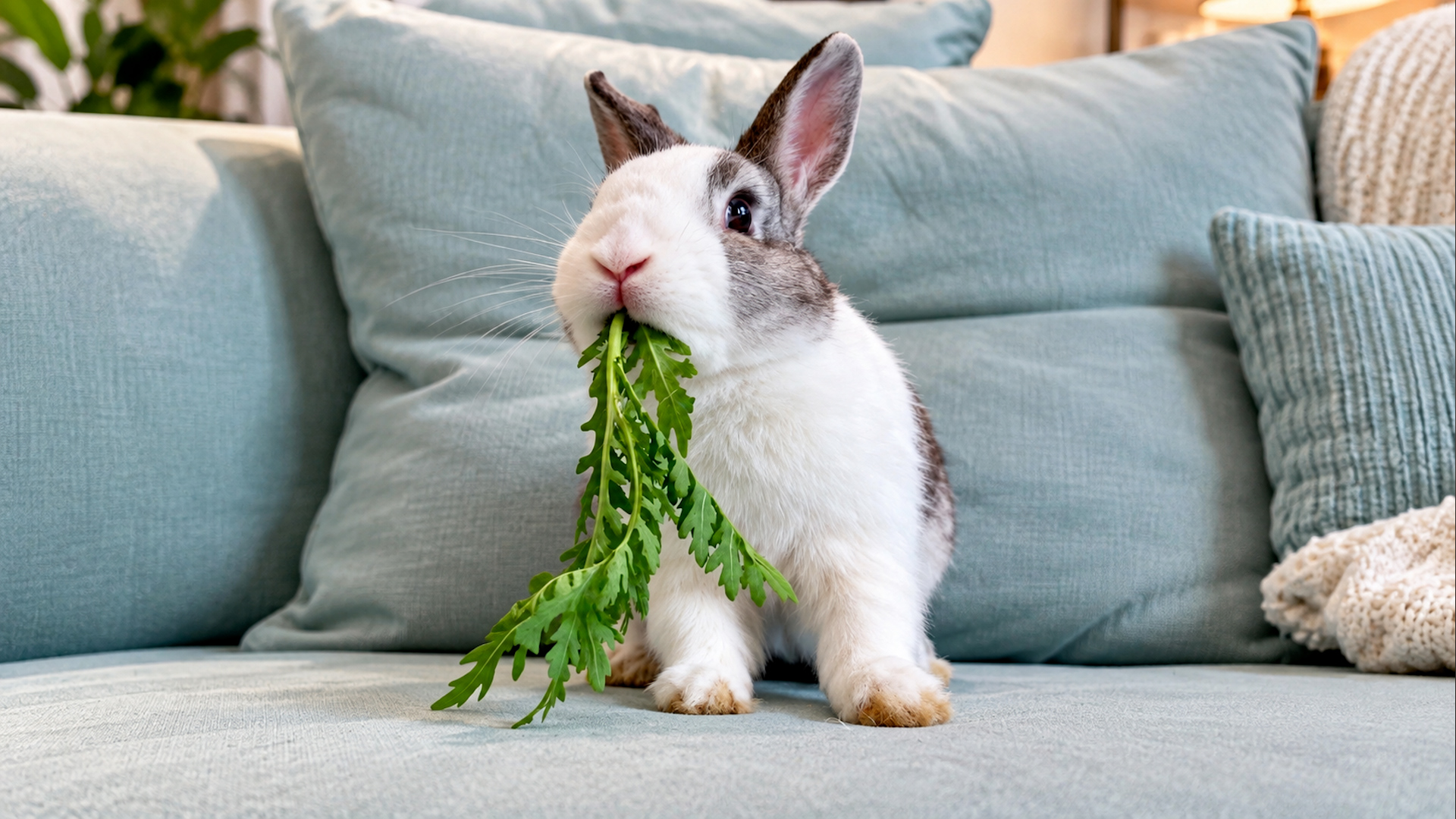 Cute bunny can't stop munching on fresh greens