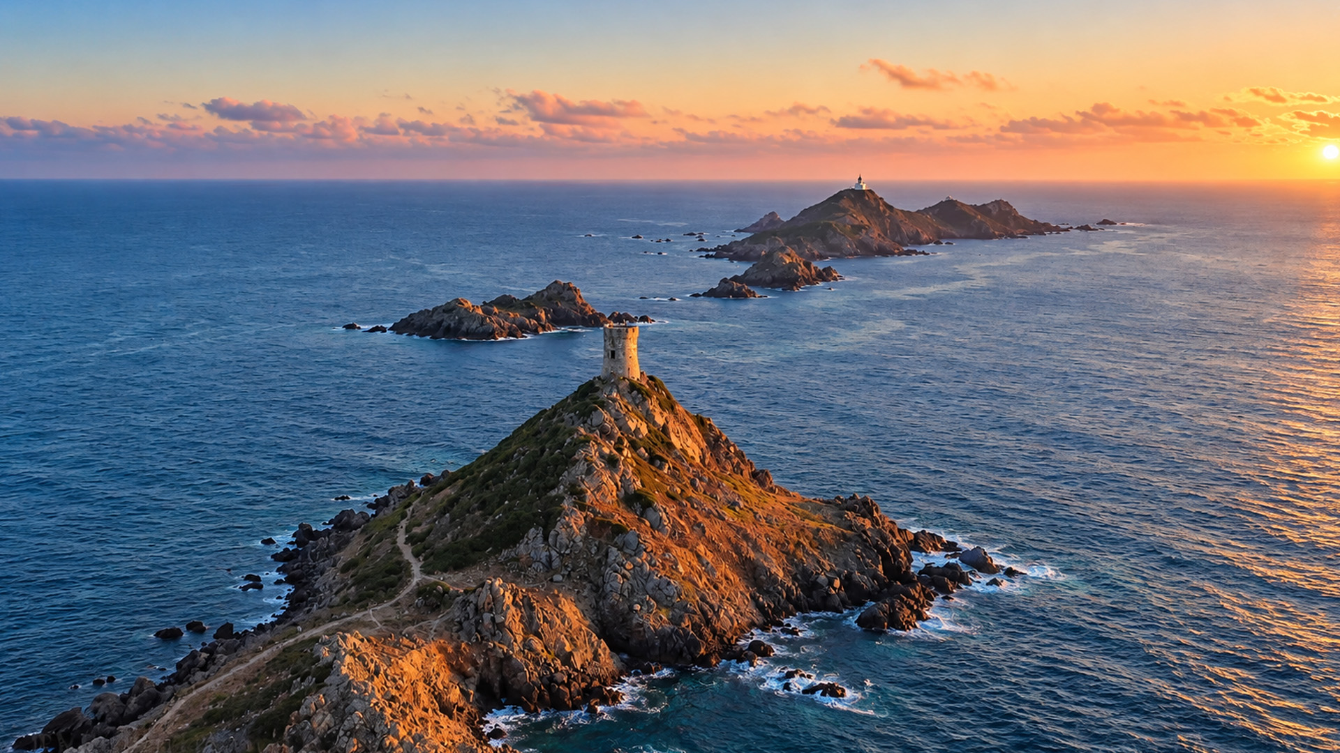 De ruige kust van Corsica kleurt goud bij zonsondergang