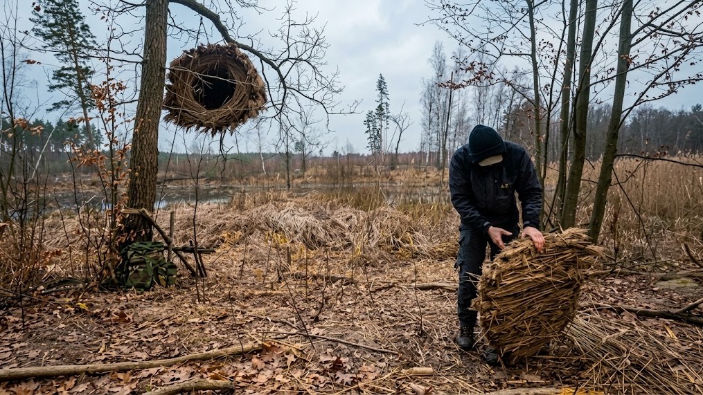 A floating bushcraft shelter built from natural materials