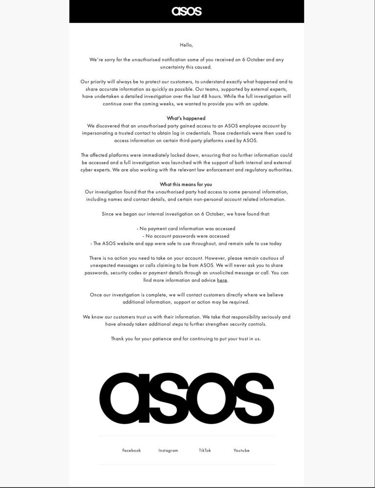 Asos warns customers to be vigilant of unexpected calls after hack