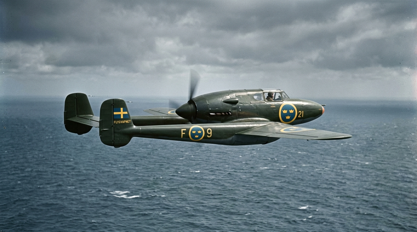 The Saab 21 lost its tail in a midair collision, its pilot ejected