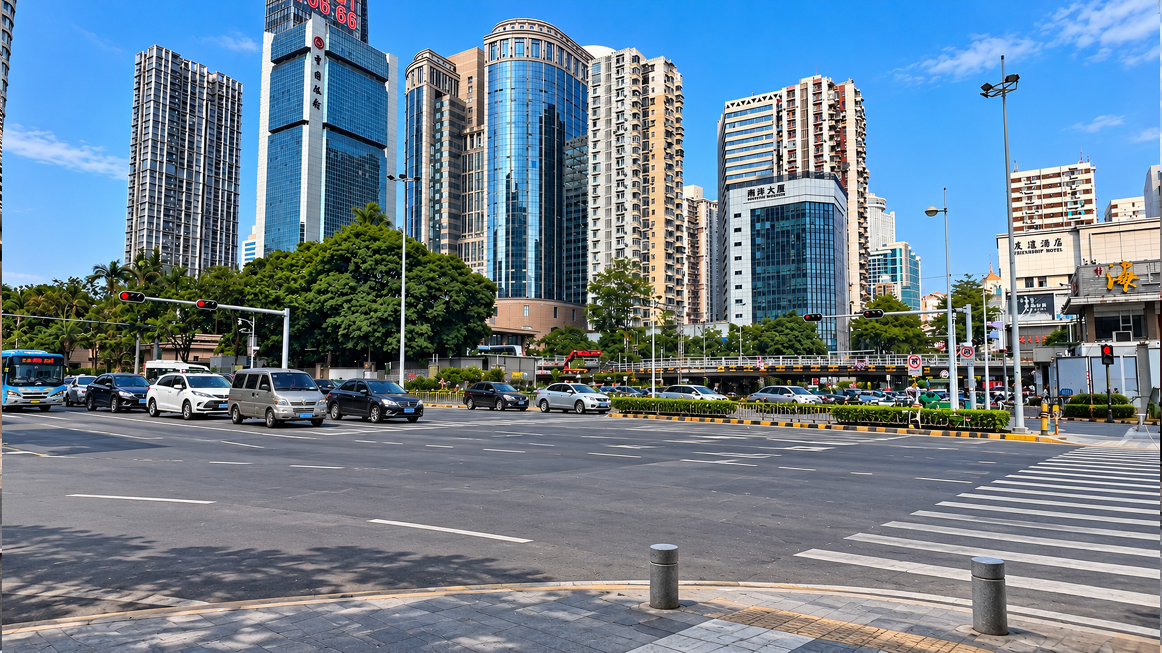 A broad China intersection sits beneath dense high rises