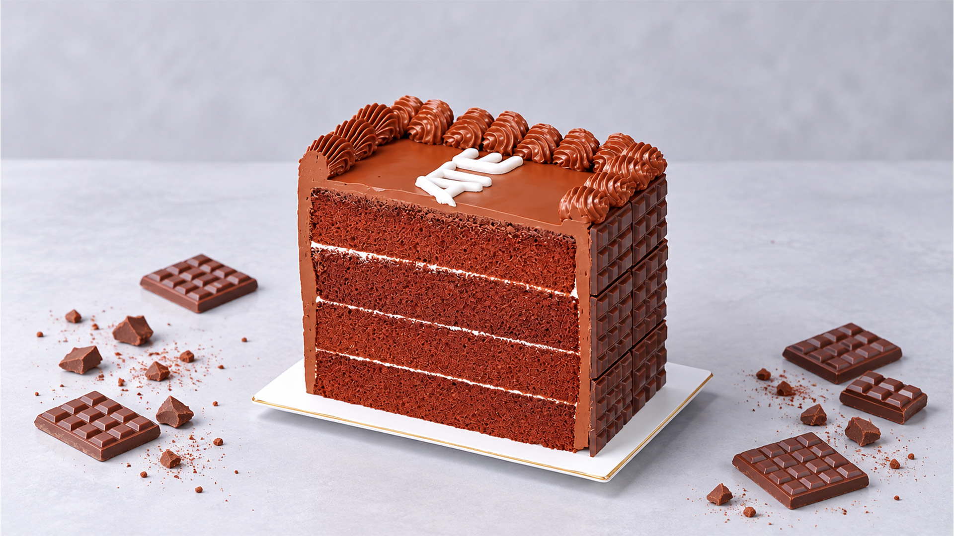 Four layer chocolate cake with chocolate bars
