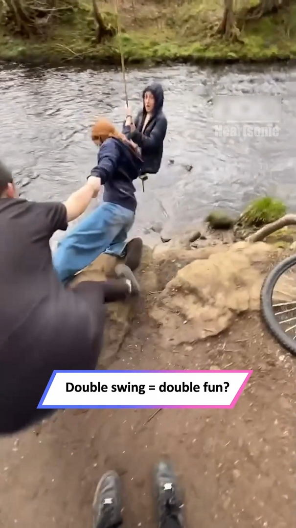 Group of friends discovers the risks of swinging over water