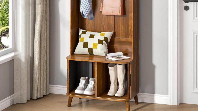 Walmart has a farmhouse entryway organizer with a coat rack, bench, and ...