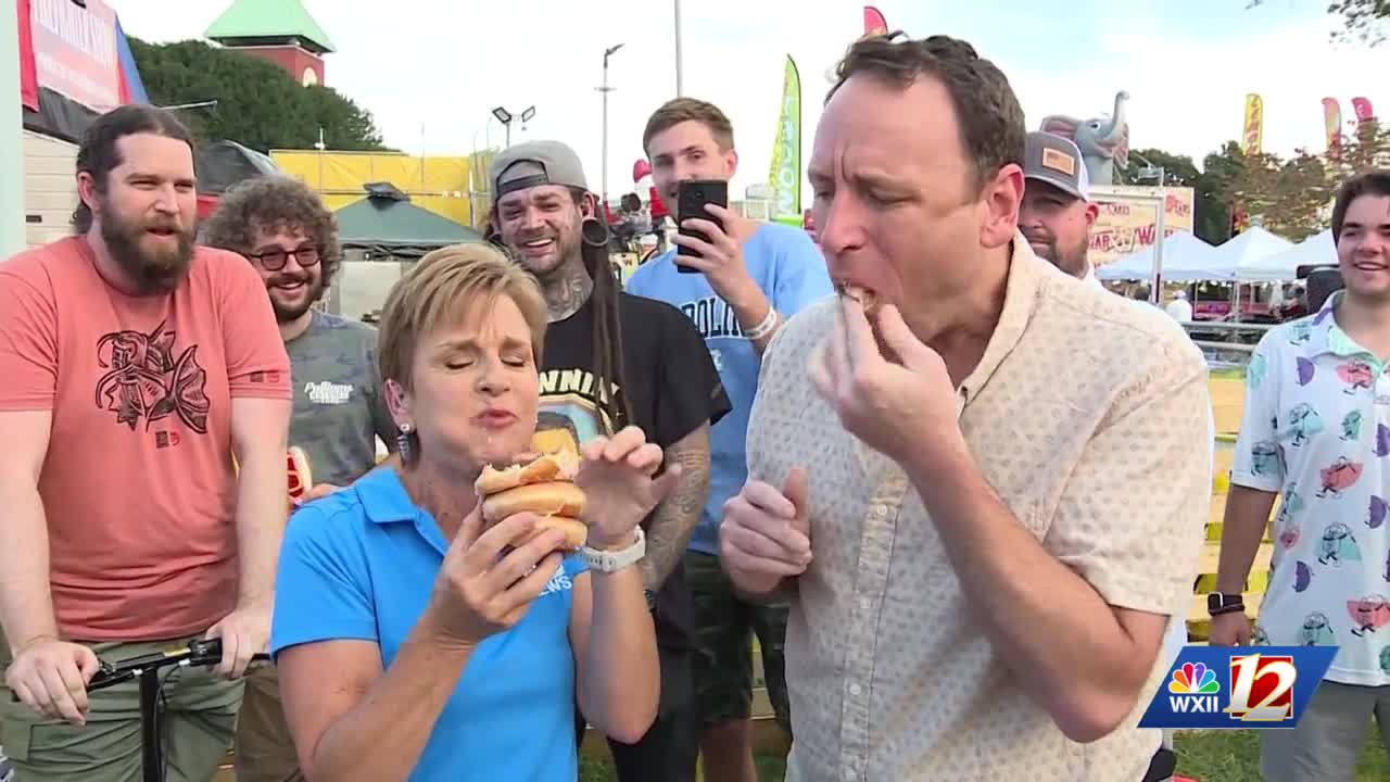 Lanie Pope takes on Joey Chestnut in hot dog Krispy Kreme challenge