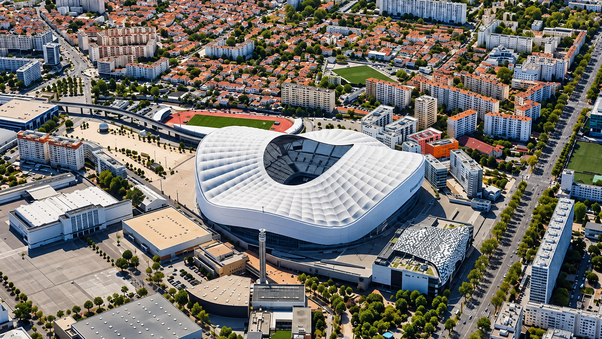 Stade Velodrome rising above the Marseille cityscape