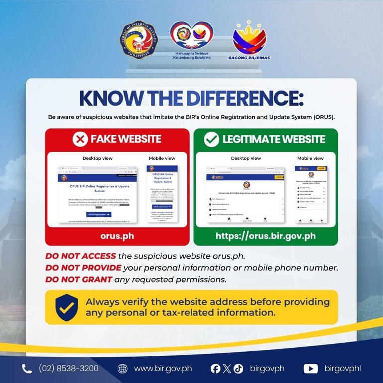 BIR warns taxpayers vs fake ORUS website