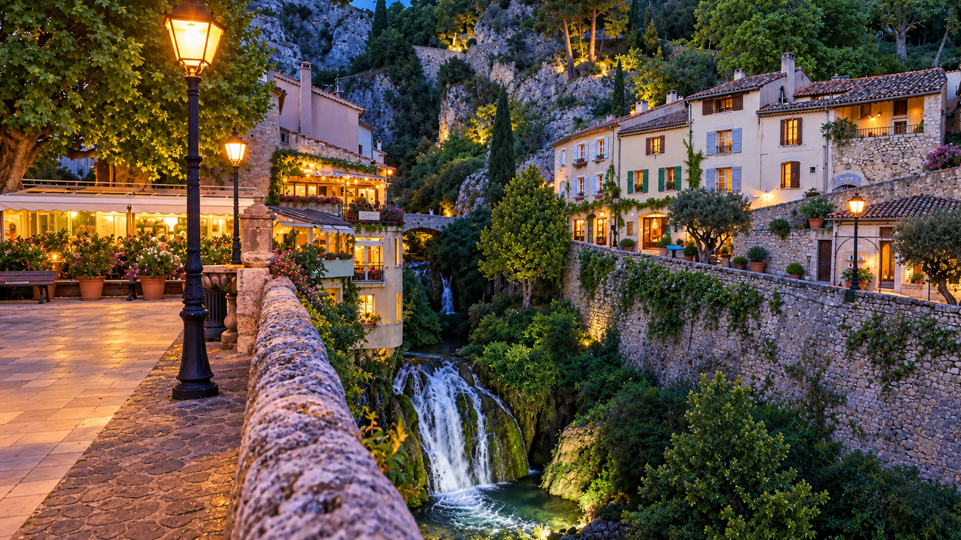 Moustiers-Sainte-Marie France fairytale village at sunset (4K)