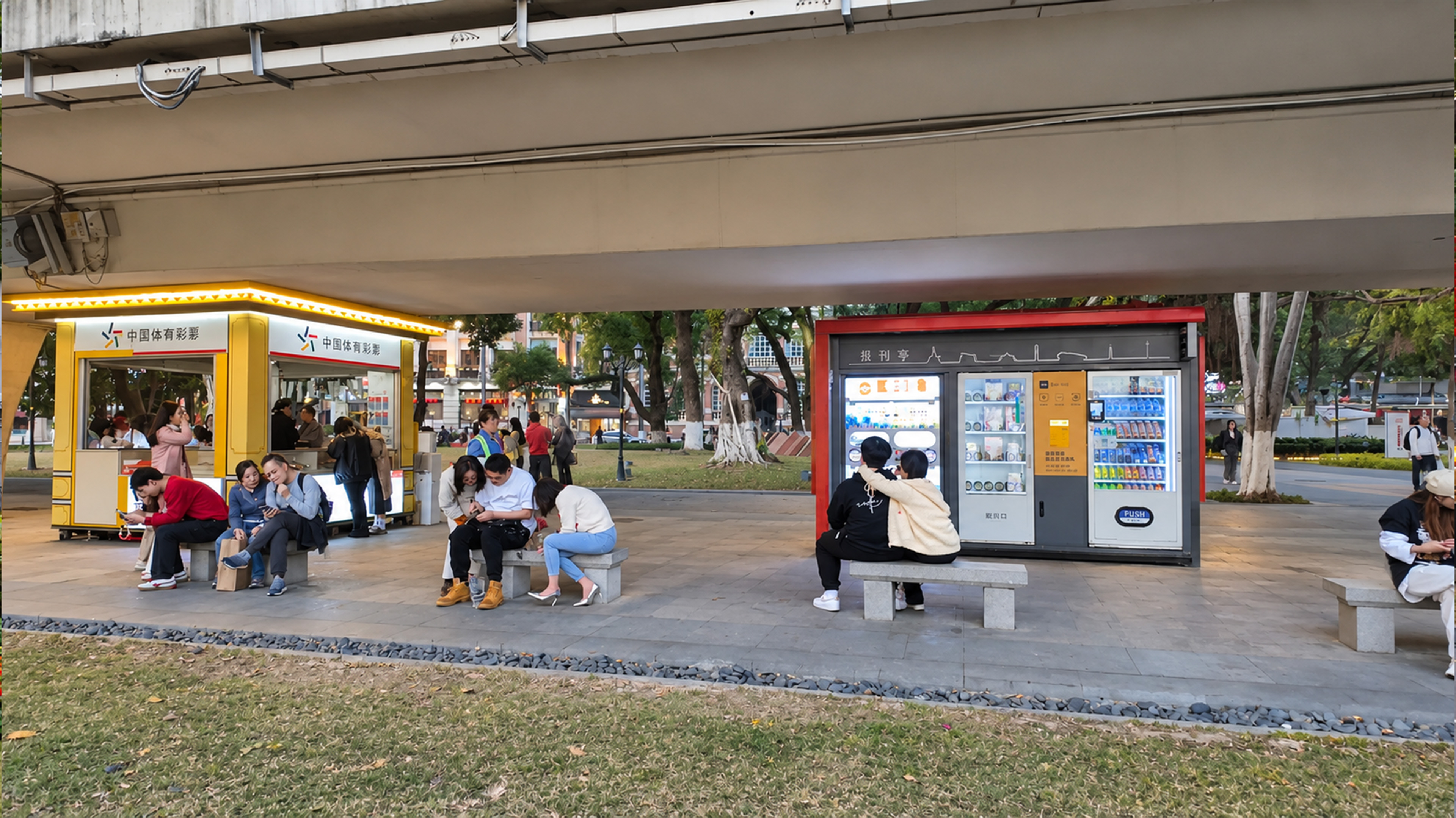 Vending machines and benches hide beneath this China overpass