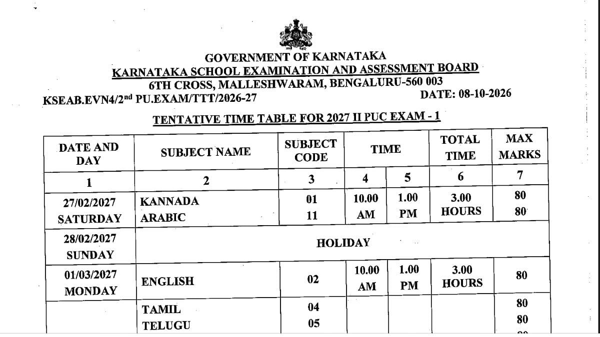 Karnataka 2nd PUC time table 2027 released: Exam 1 from February 27 ...
