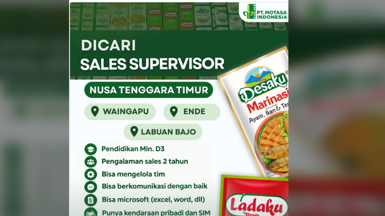 Yuk cek link resminya, PT Motasa Indonesia cari sales supervisor untuk ...