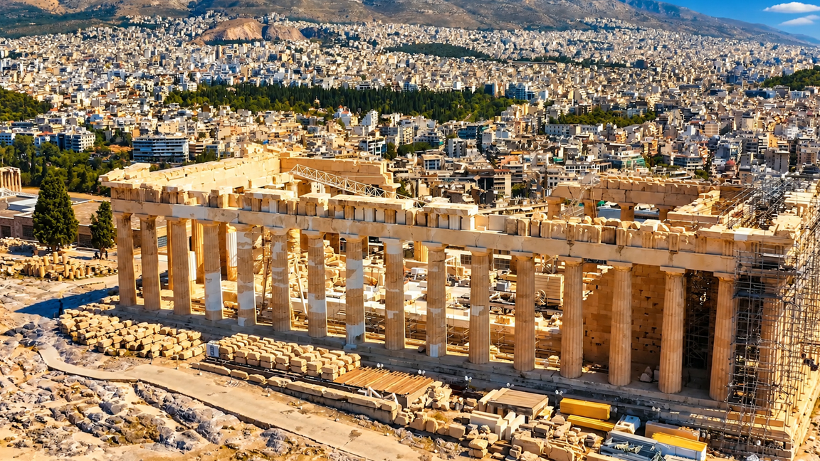 Het oude wereldwonder boven het moderne Athene
