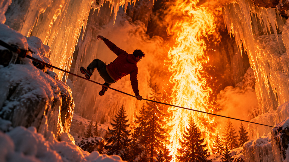Fire and ice create an epic slackline adventure