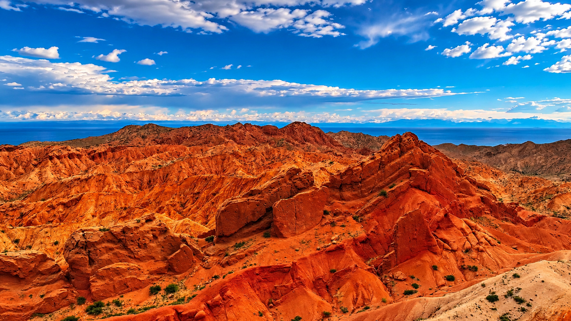 Paisaje rojo intenso bajo un cielo azul infinito