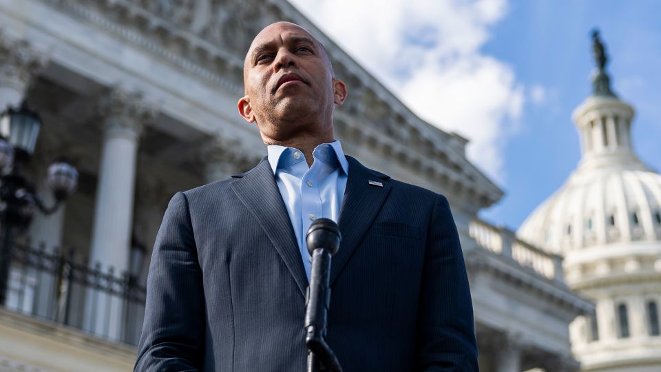 House Minority Leader Hakeem Jeffries speaks to the press on the steps of the US Capitol on September 30, in Washington, DC. - Finn Gomez/Getty Images