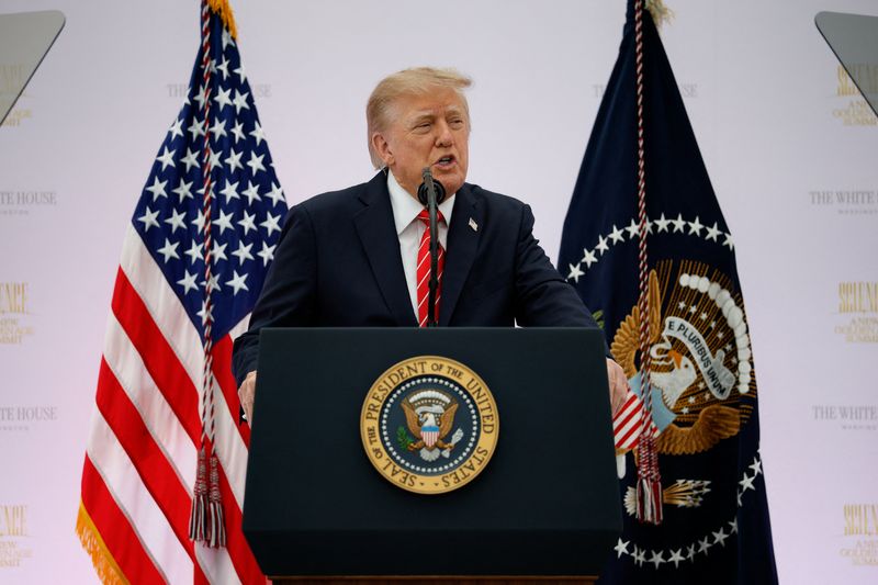 US President Donald Trump delivers remarks during the "A New Golden Age" summit at the US Institute of Peace, renamed The Donald J. Trump Institute of Peace by the Trump administration, in Washington, DC, US, October 8, 2026. REUTERS/Evan Vucci