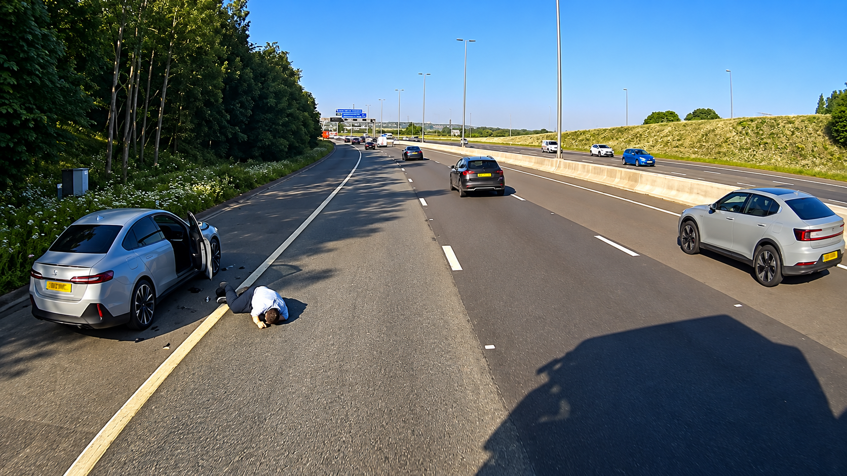 He fell out of the vehicle - then the truck missed him by inches