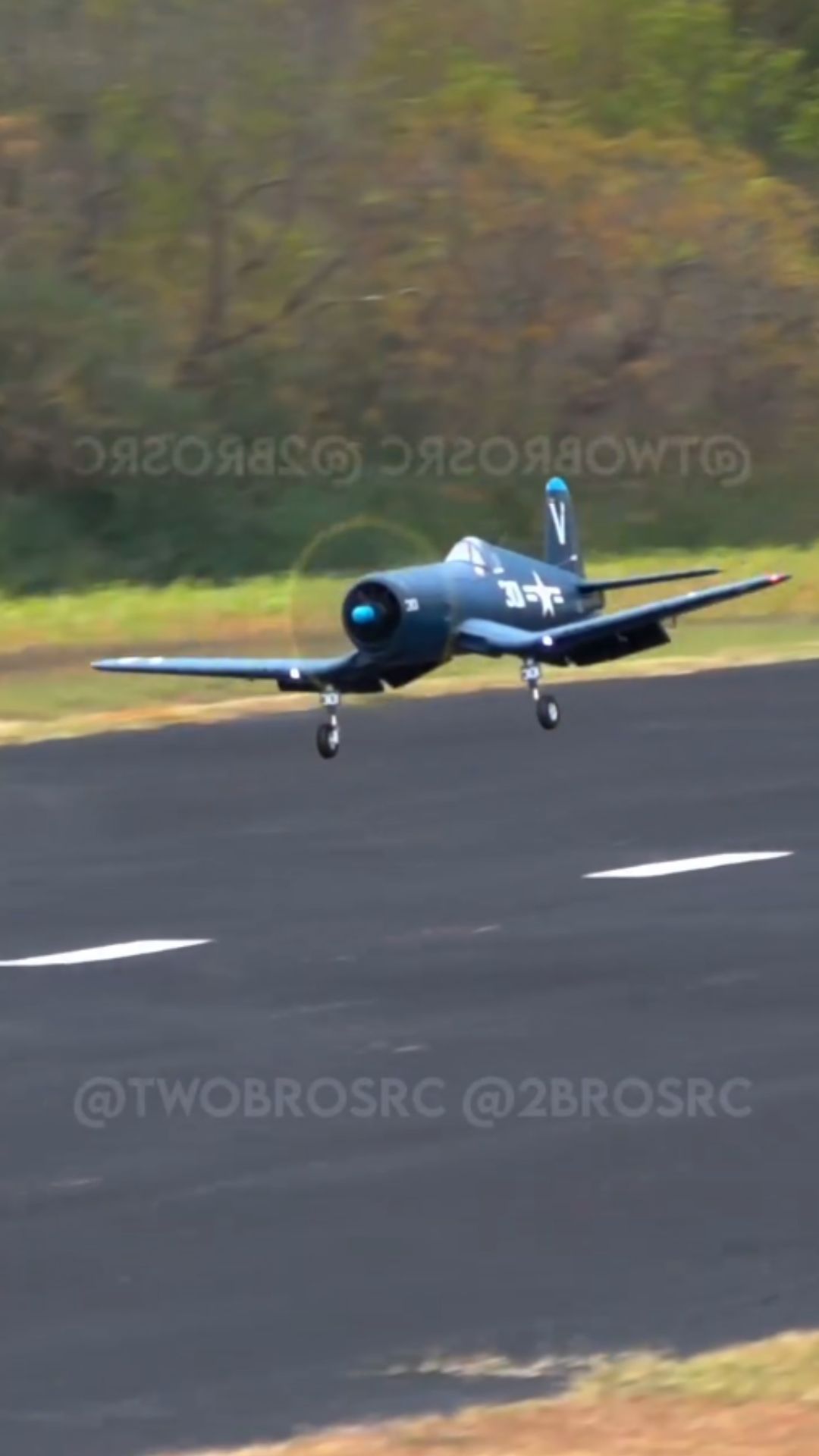 FMS F4U Corsair RC warbird performs a smooth touch and go
