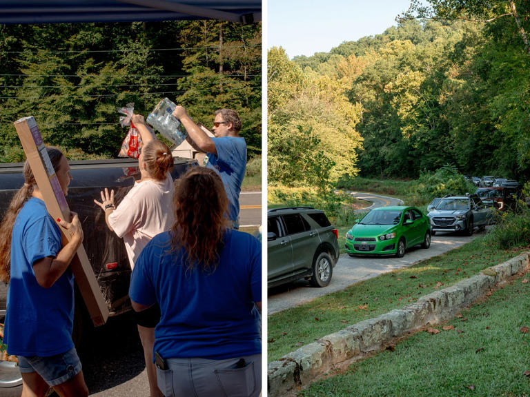 Volunteers load bottled water and potatoes into a truck bed at the food distribution in Dunlow. People sat waiting in their cars for more than three hours to receive food. (Mike Belleme for NBC News)