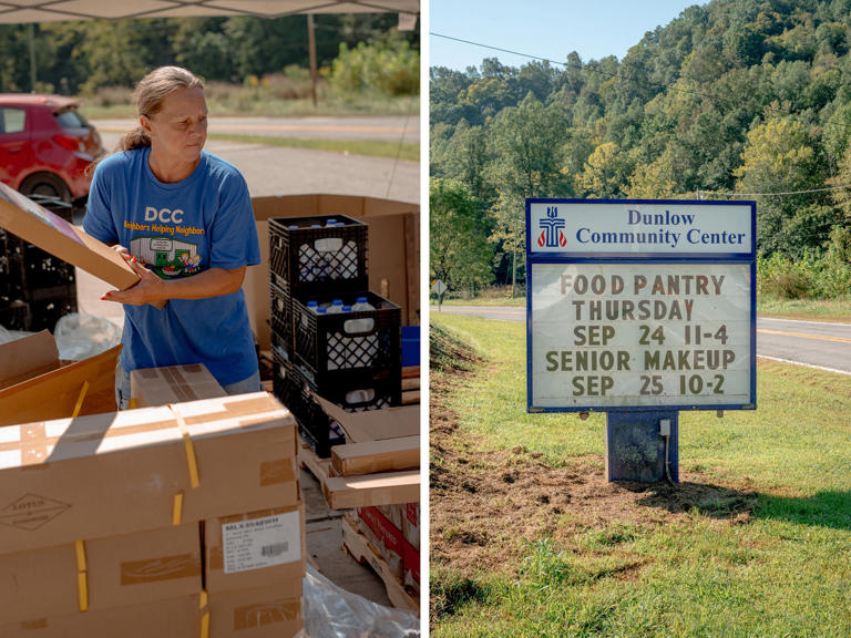 Volunteers had just enough food for everyone who showed up at the food distribution in Dunlow. (Mike Belleme for NBC News)
