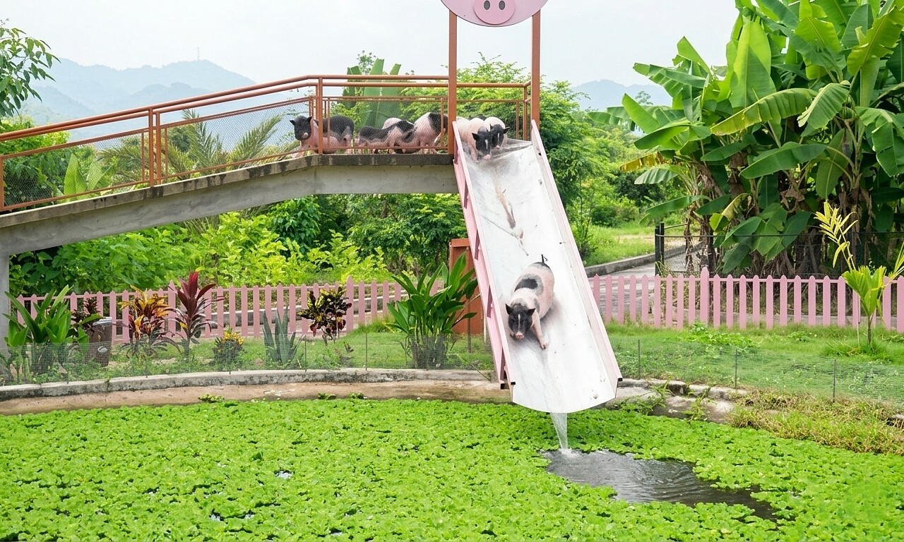 Pigs fly down waterslide to cool off in plunge pool on Cambodian farm ...