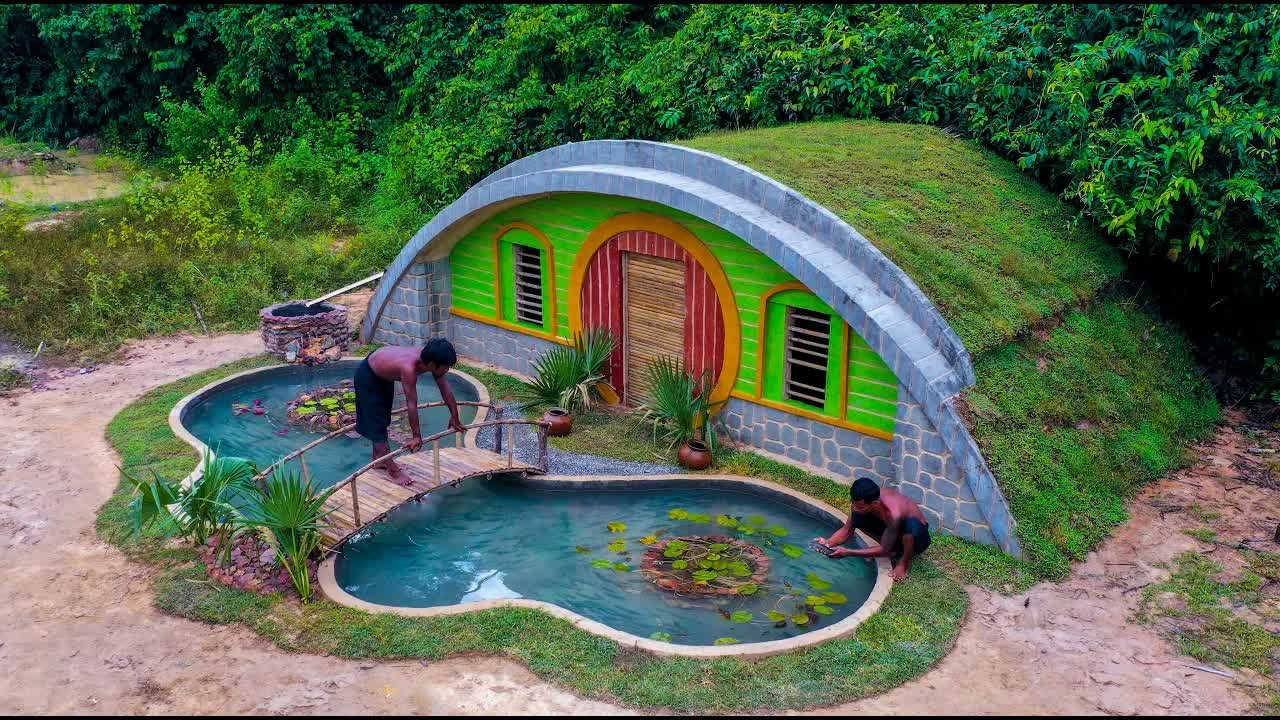 Building a fish pond in front of an underground grass house