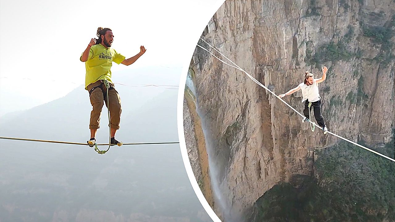 French athlete walks slackline 509 feet above China's Yellow River