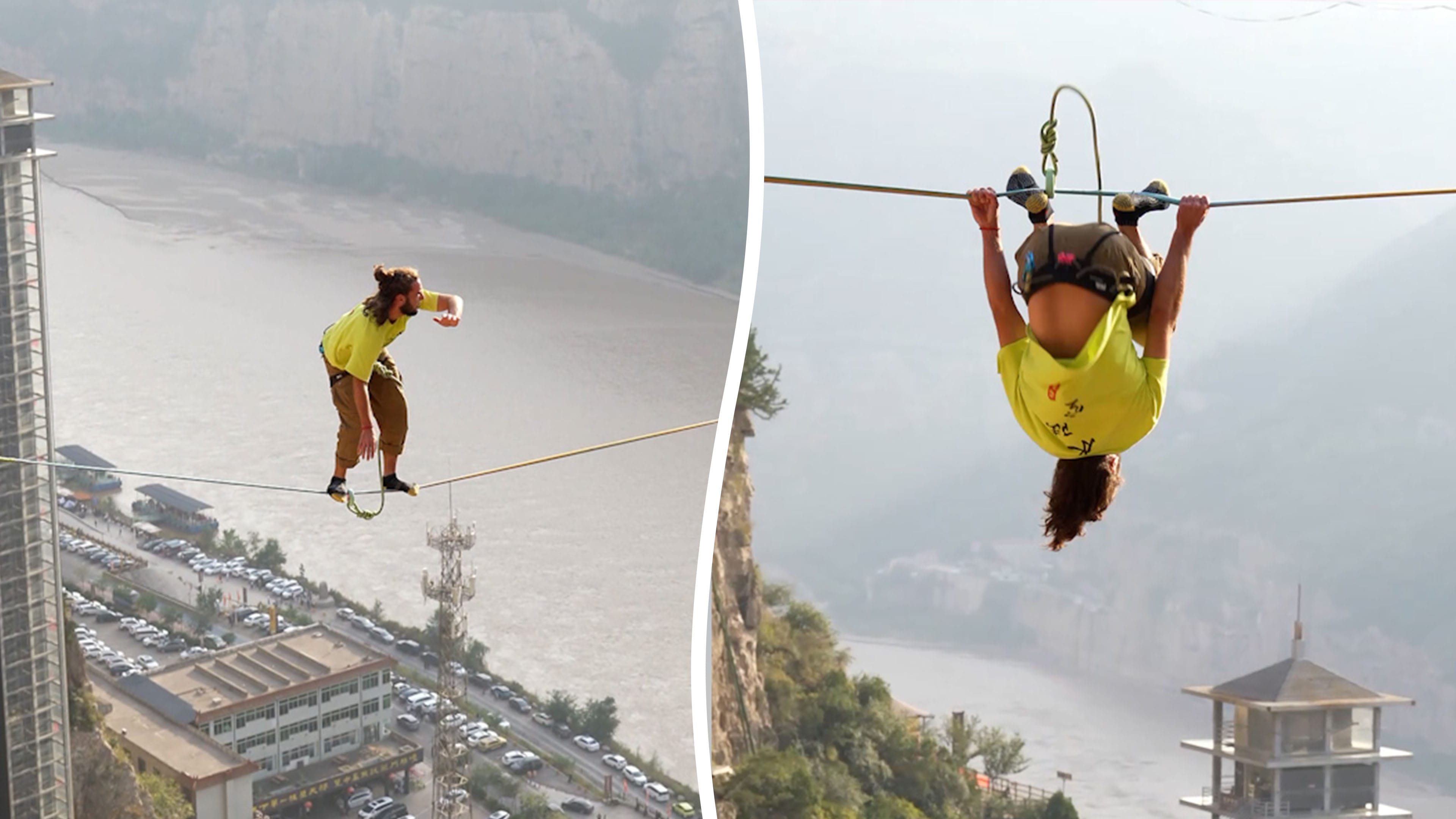 French athlete walks slackline 155 metres above China’s Yellow River