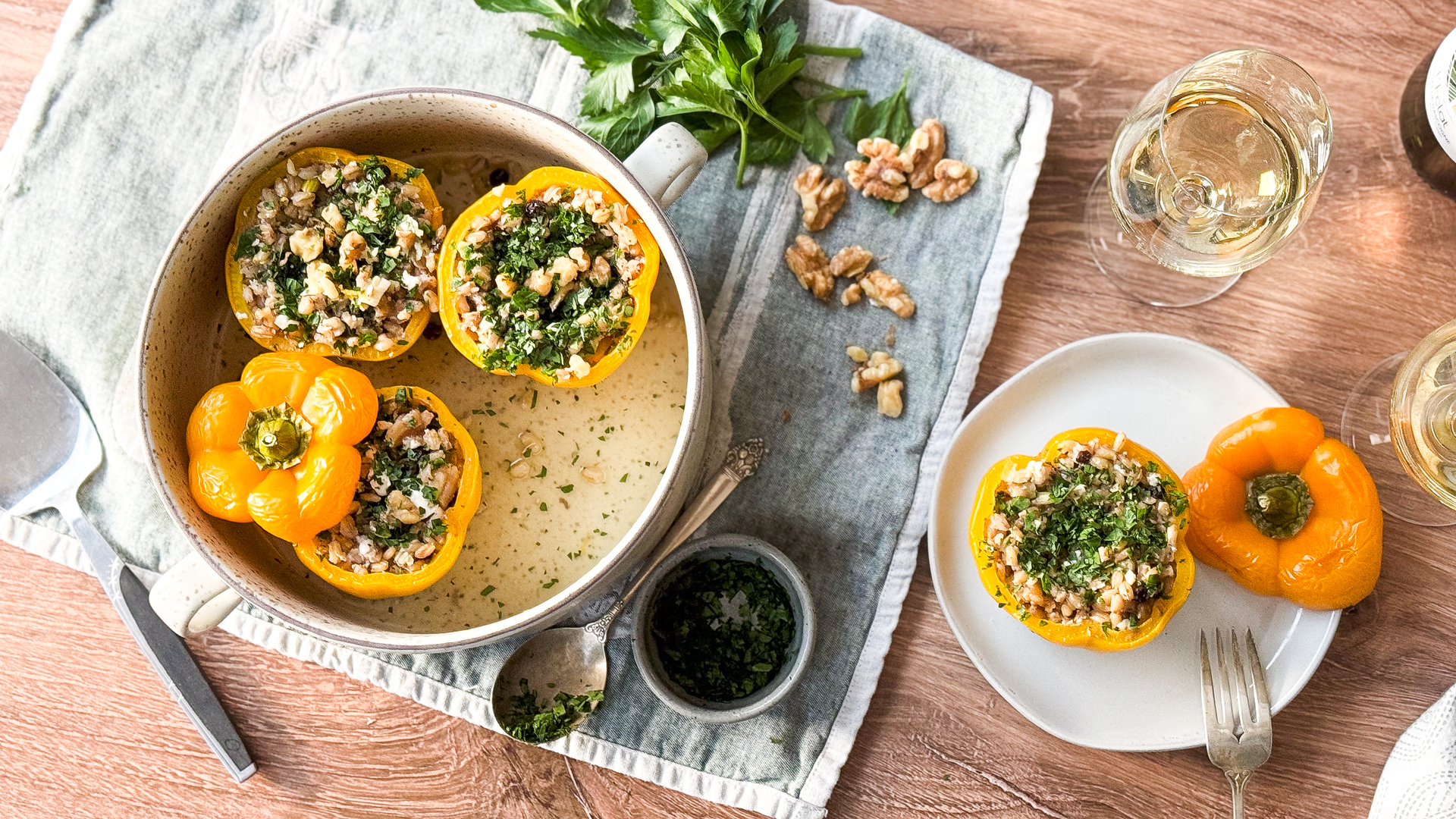 Barley and walnut-stuffed bell peppers recipe