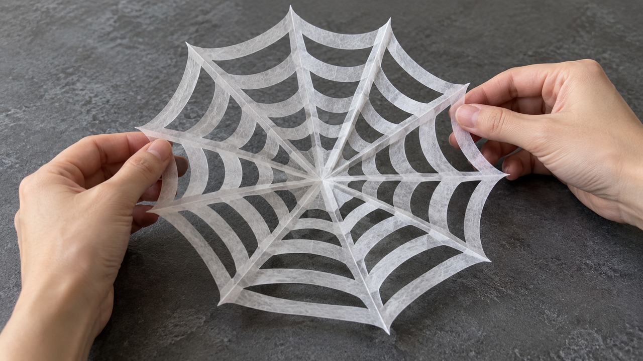 Fold, cut, and unfold your own Halloween spiderwebs
