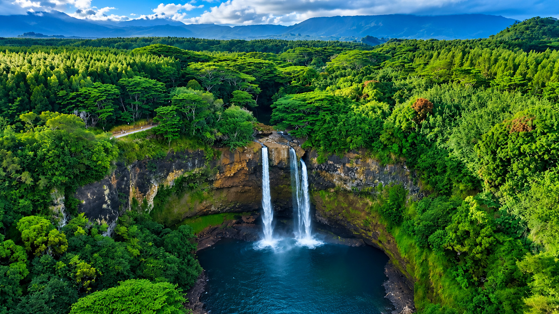 Two giant waterfalls drop into one Hawaiian valley
