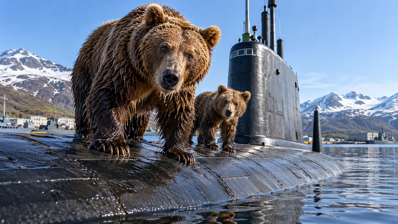 Two bears climbed onto a Russian nuclear submarine. Someone was filming