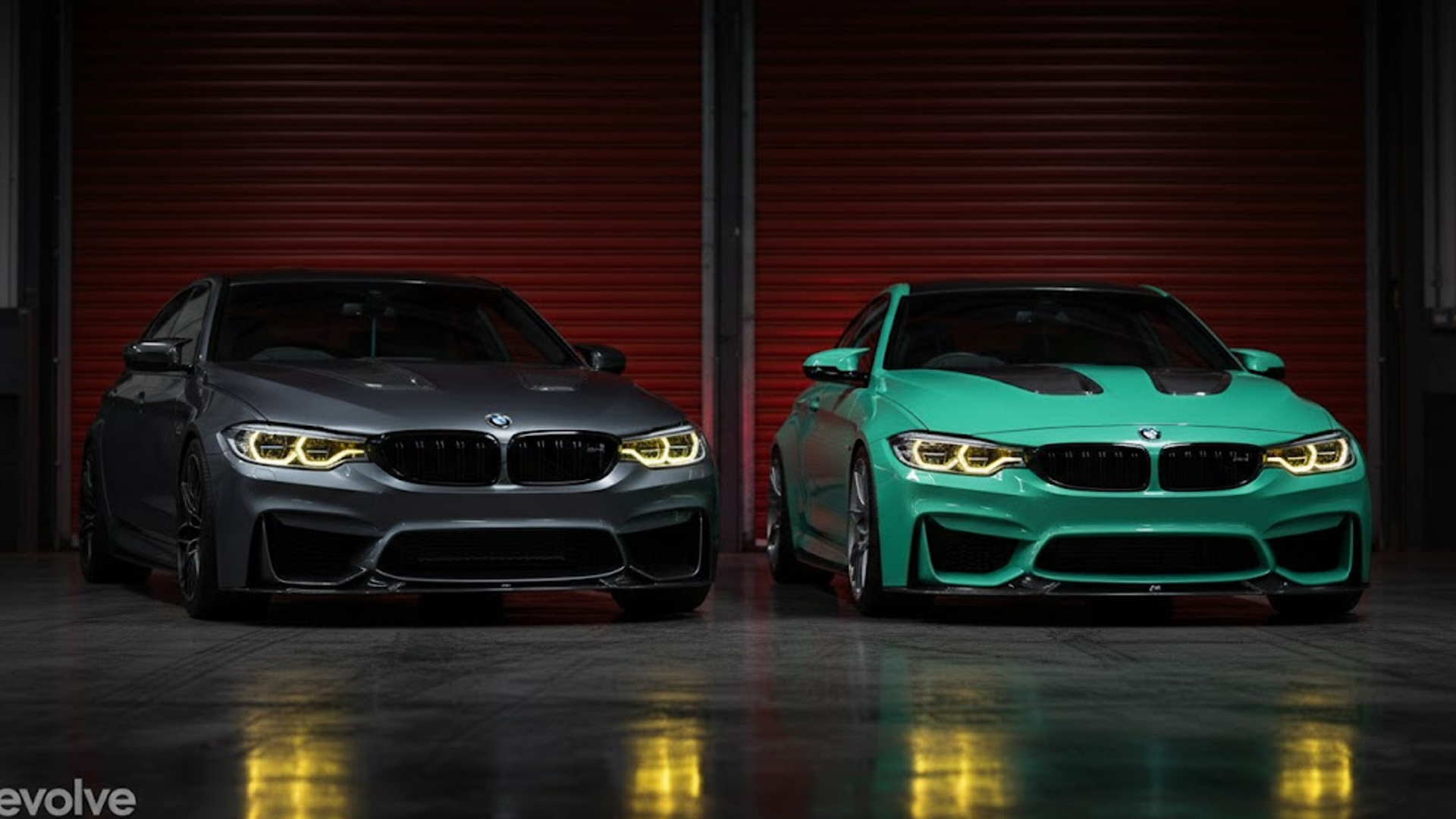 Two BMW M3 models display matching yellow daytime running lights