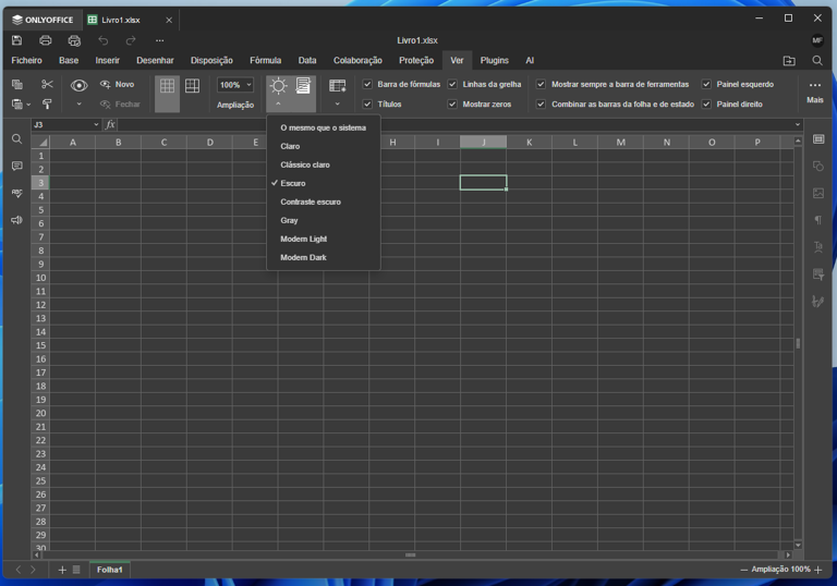 Usar modo escuro em folhas de cálculo do OnlyOffice