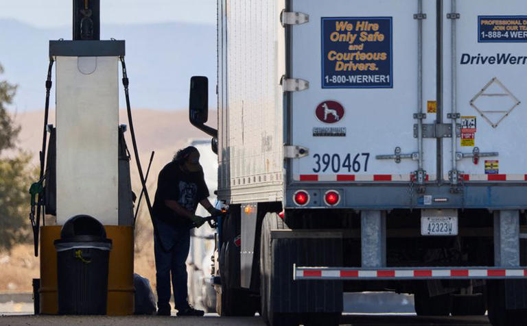 A driver fills his semi with diesel at a truck stop in Dunnigan, California, U.S., September 28, 2026. REUTERS/Fred Greaves