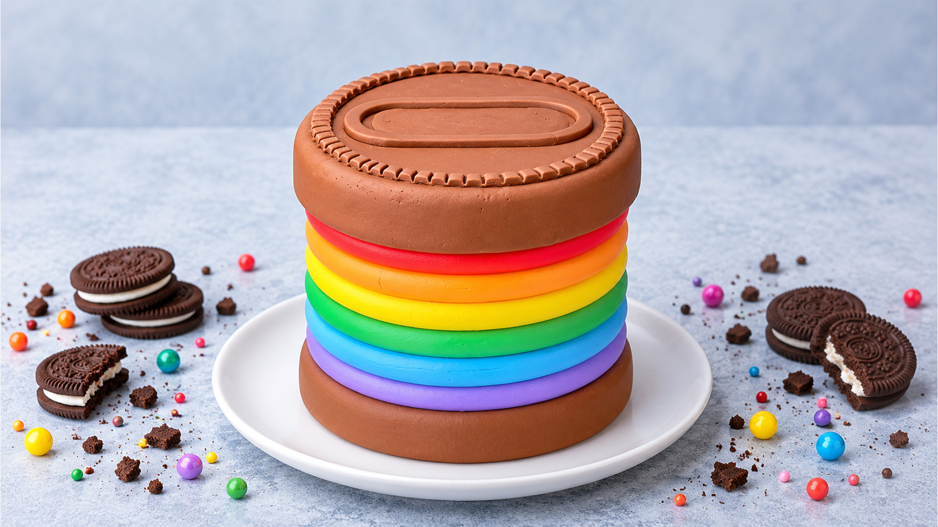 Rainbow cake styled like a chocolate cookie