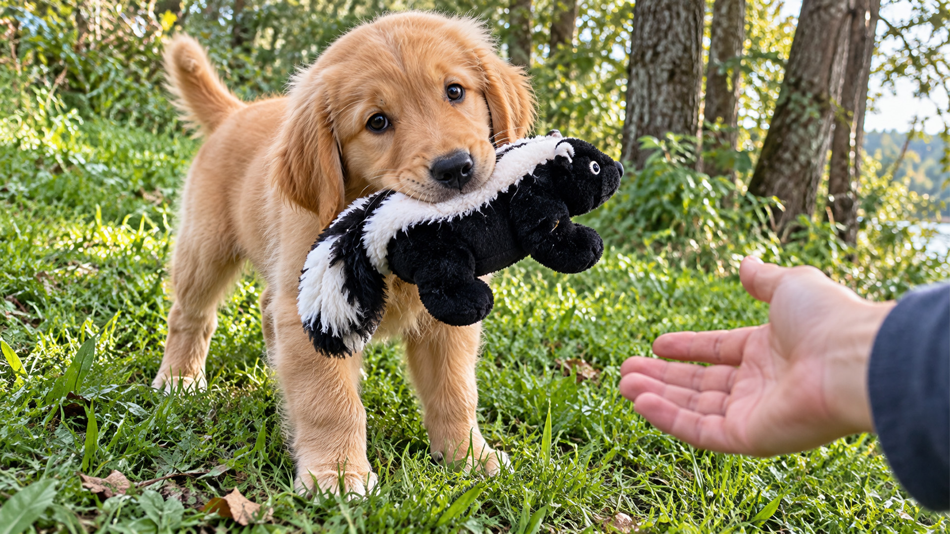 Golden retriever puppy shows off new toy
