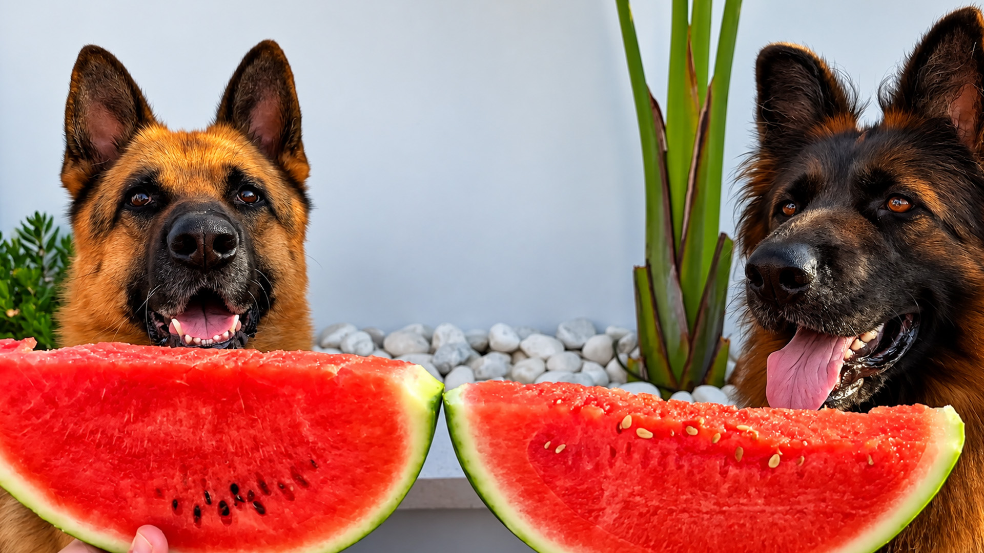 Two German shepherds compete in a watermelon eating contest
