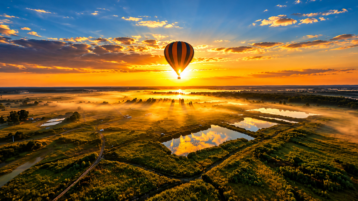 Hot air balloon drifting through the golden morning
