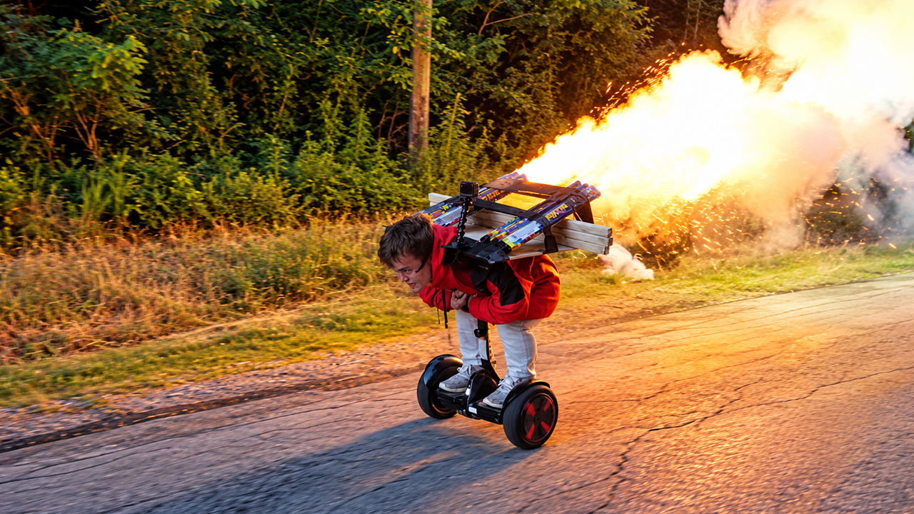 Man takes flight on a firework jetpack
