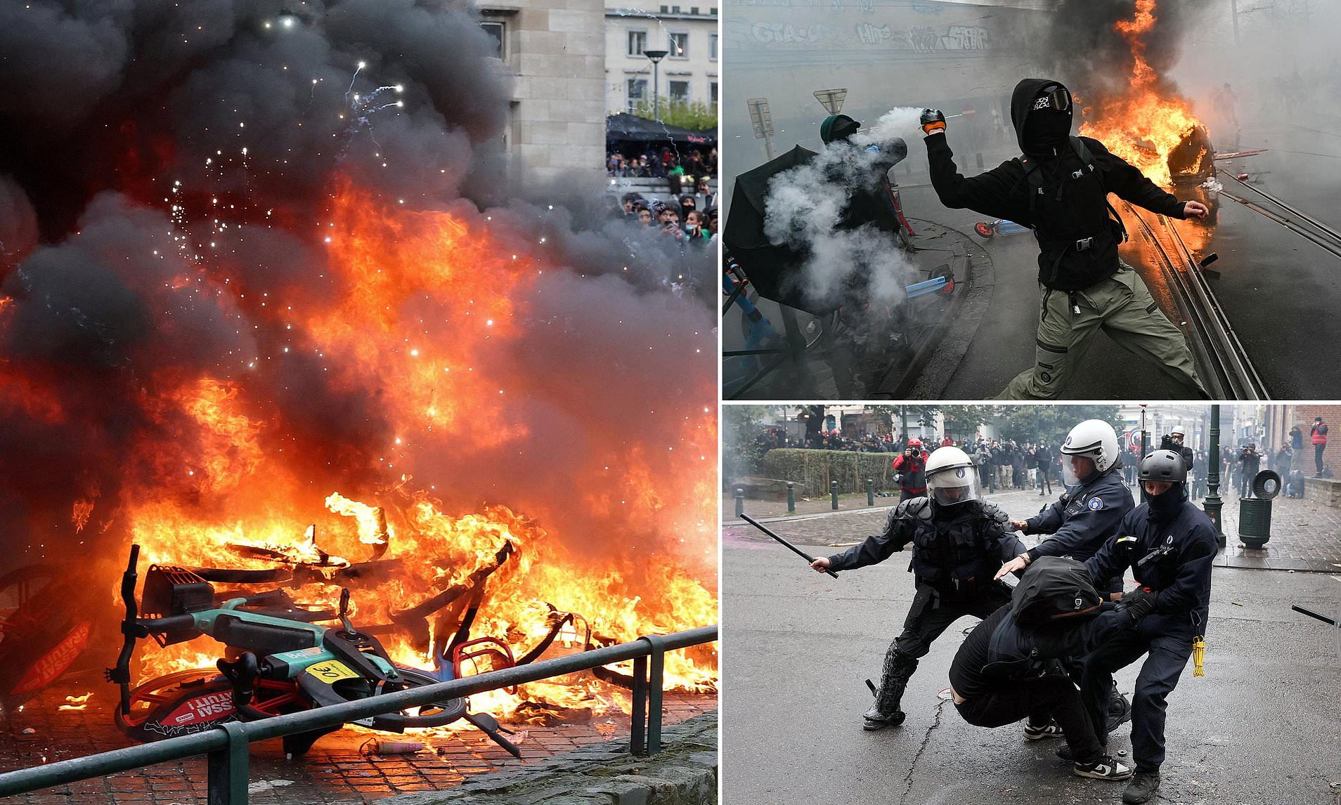 Student riots spread to Belgium as hundreds of hooded protesters clash ...