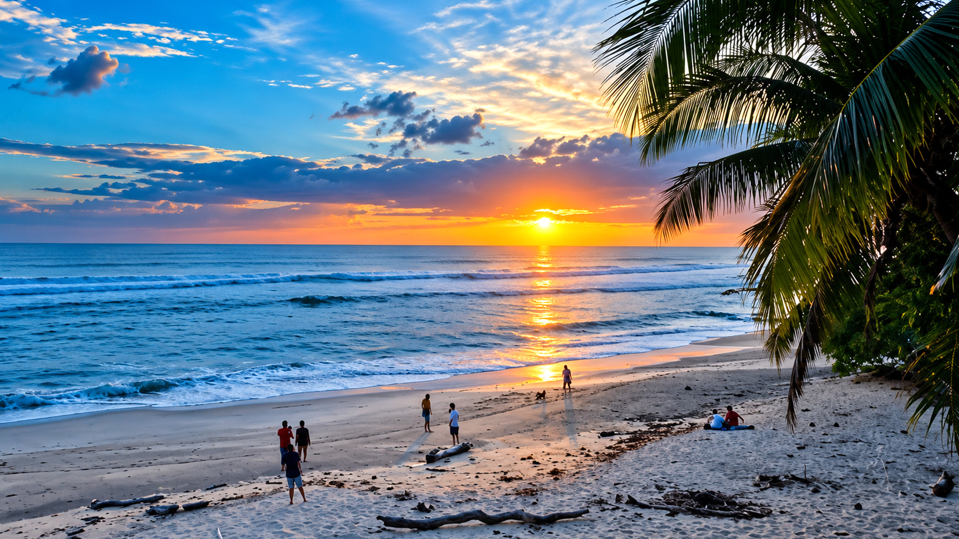 A tropical shoreline transforms under the setting sun