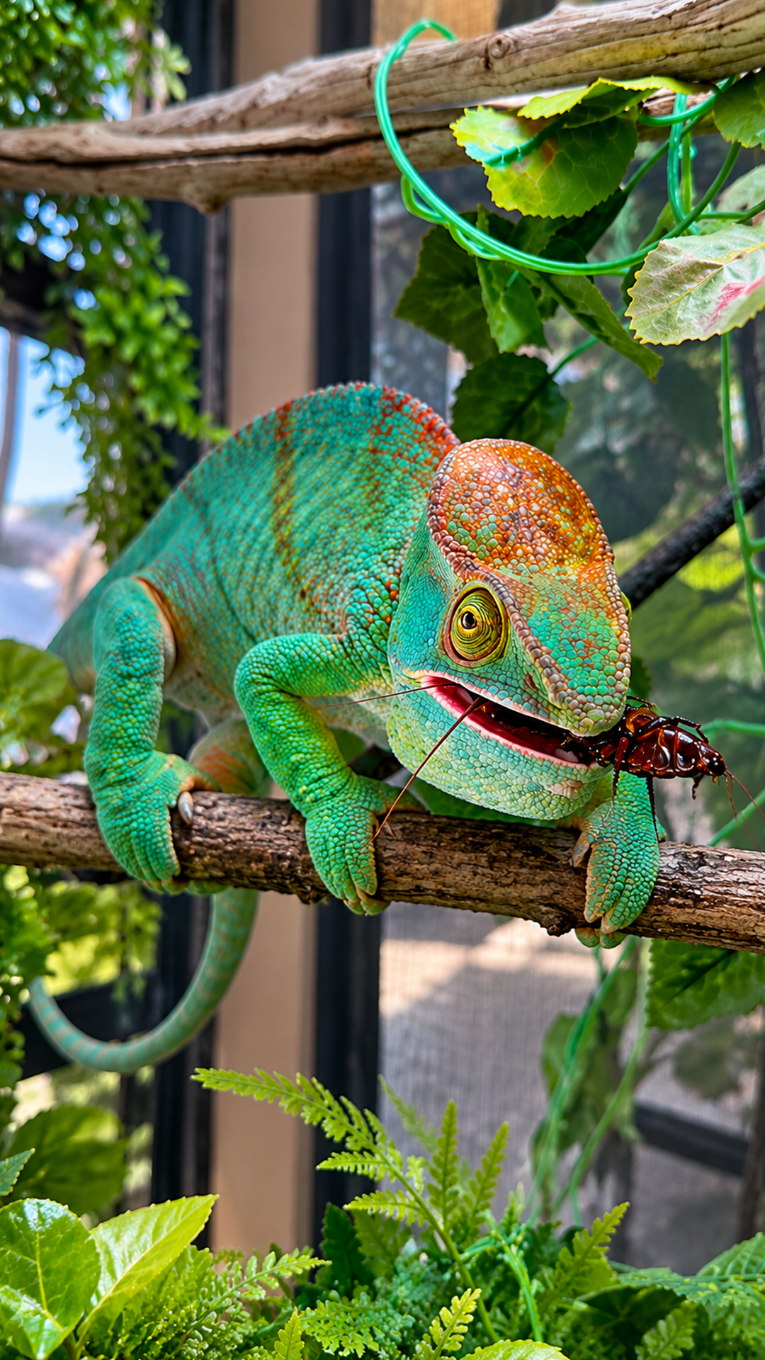 Chameleon catches cockroach with lightning-fast strike