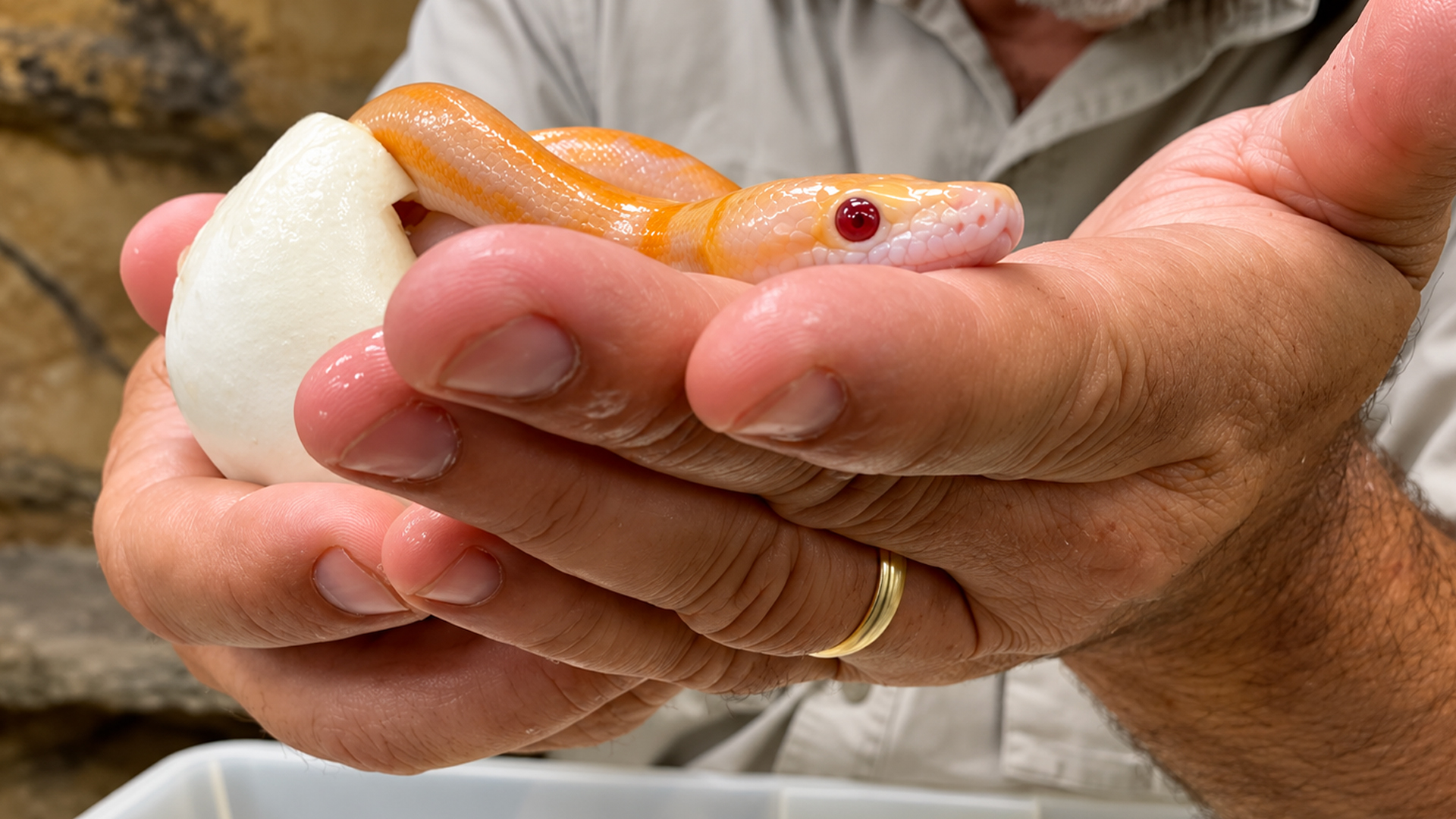 Baby pythons have rare laser ruby eyes